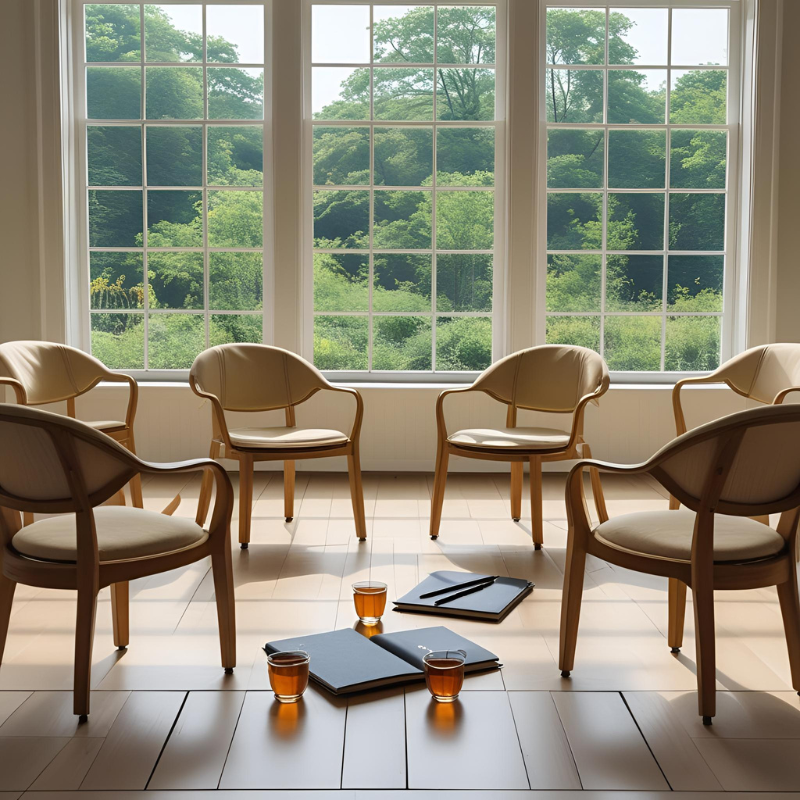 Dit is een afbeelding van een cirkel van stoelen op een retreat of retraite waar groepswerk wordt gedaan rond collectief trauma onder begeleiding van een trauma sensitief coach en begeleider uit Amsterdam en Weesp. 