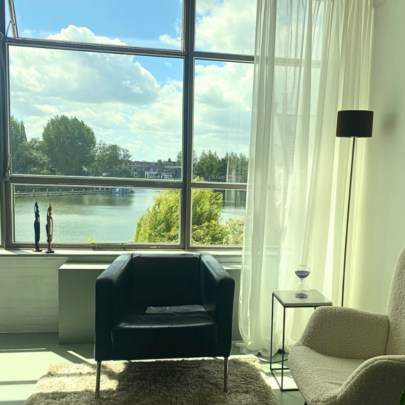 Dit is een afbeelding van een coach stoel. Met een achtergrond die subtiel verwijst naar Internal Family systems en trauma werk. in Amsterdam.